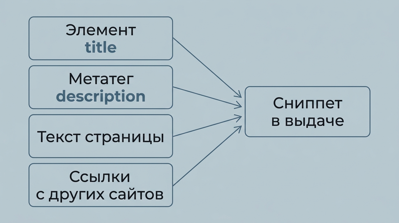 Источники поискового сниппета: элемент title, метатег description, текст страницы и ссылки с других сайтов