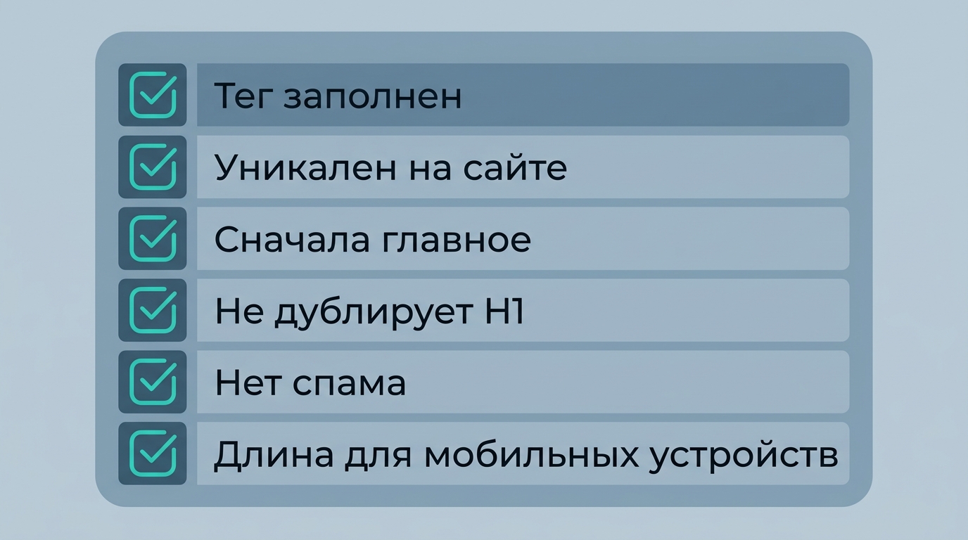 Чек-лист метатега перед публикацией: заполнен, уникален на сайте, главное в начале, не дублирует H1, без переспама, длина под мобильные