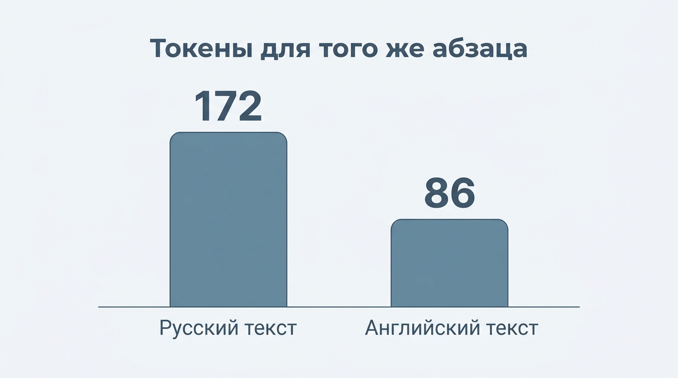 Один и тот же абзац обходится в 172 токена по-русски против 86 по-английски — замер на токенизаторе cl100k_base