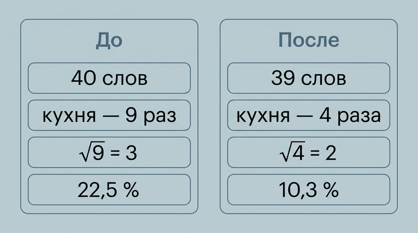 Пример до и после правки: 40 слов и 9 повторов слова «кухня» дают тошноту 3 и долю 22,5 %, после правки 39 слов, 4 повтора, тошнота 2 и доля 10,3 %
