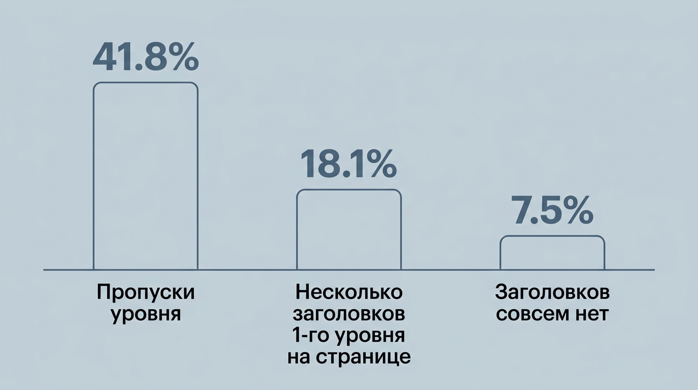 столбчатая диаграмма по данным WebAIM Million 2026: три столбца с подписями Пропуски уровней — 41,8%, Больше одного H1 — 18,1%, Совсем без заголовков — 7,5%