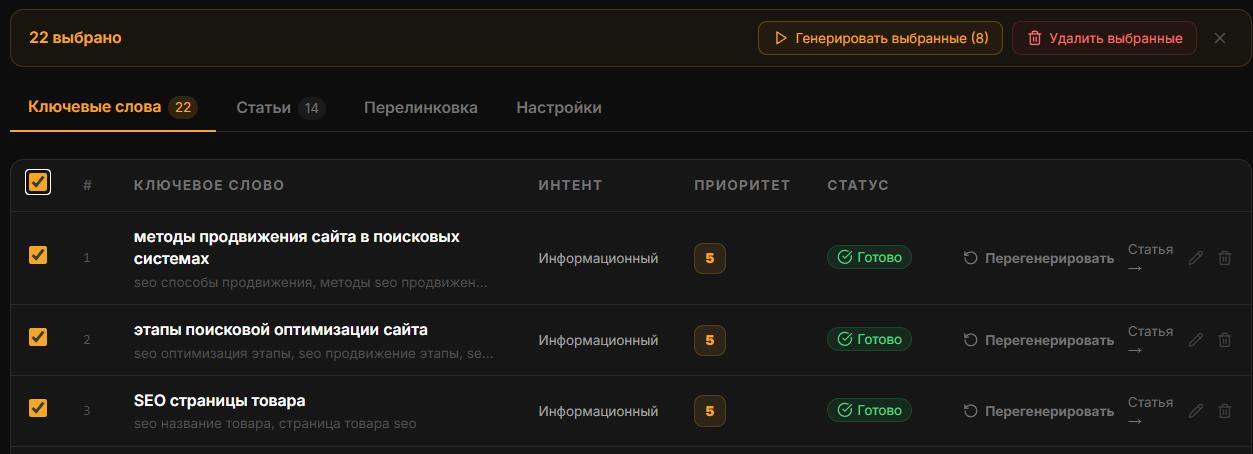 Страница ключевых слов — кнопки «Запустить все» и «Генерировать выбранные» в верхней панели Страница ключевых слов — кнопки «Запустить все» и «Генерировать выбранные» в верхней панели