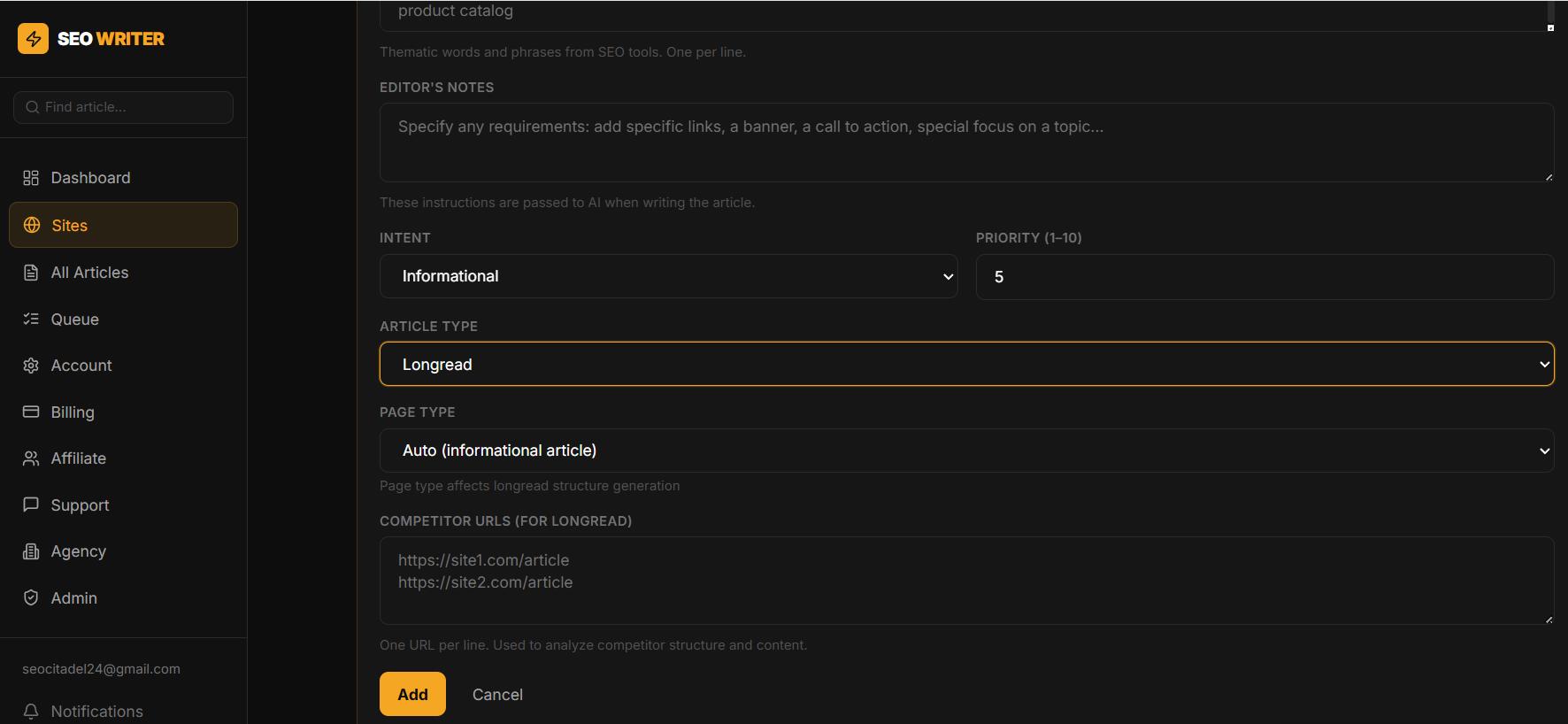 Add keyword form with Article Type selector showing "Standard" and "Longread" options Add keyword form with Article Type selector showing "Standard" and "Longread" options